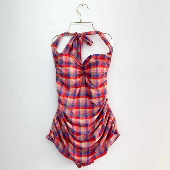 Girlhowdy Women’s Retro Pinup Inspired Multicolor Gingham Plaid One Piece Swimsu - Picture 2 of 15
